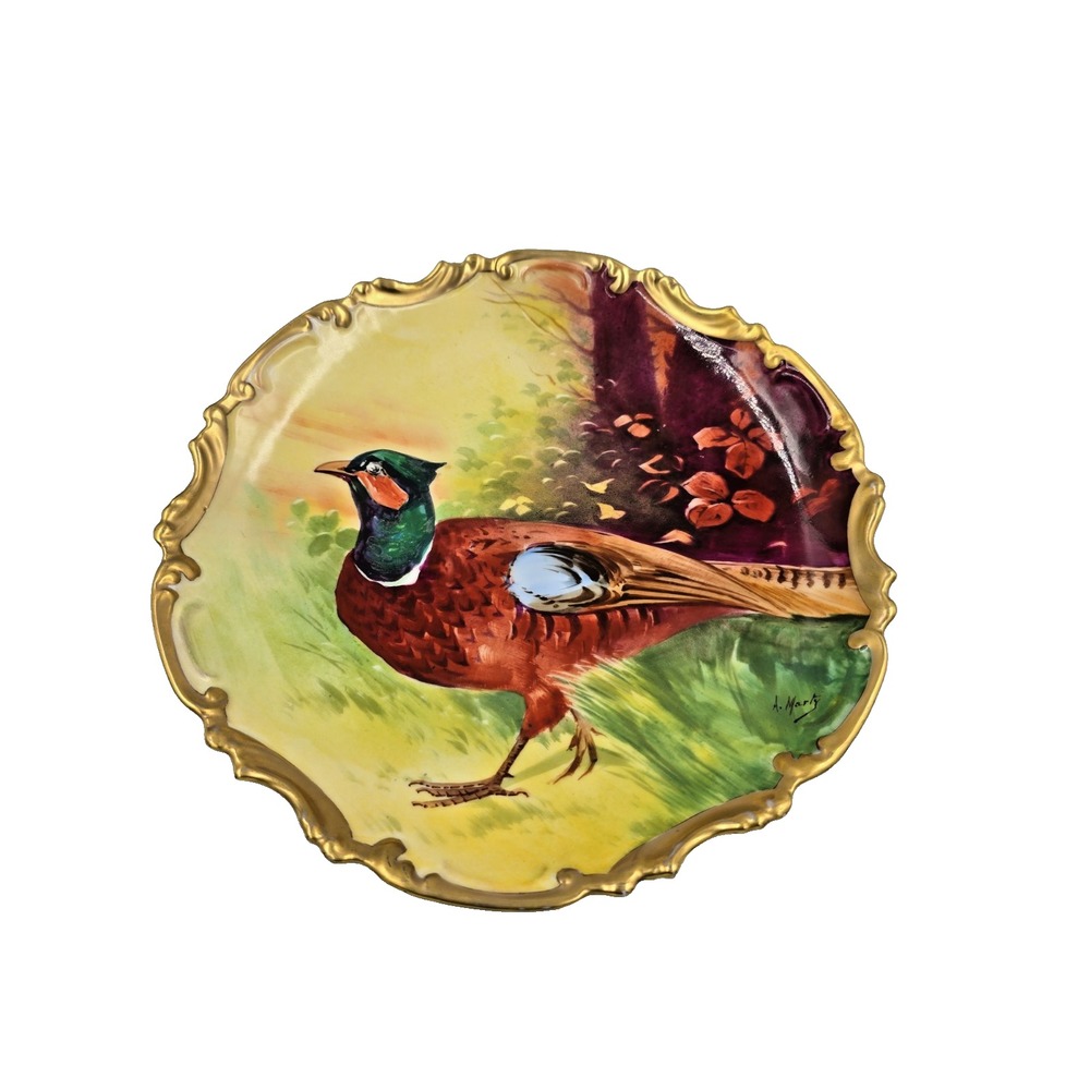 Antique Limoges France Pheasant Platter Gilded Coronet Artist Signed 11 1/2"‎